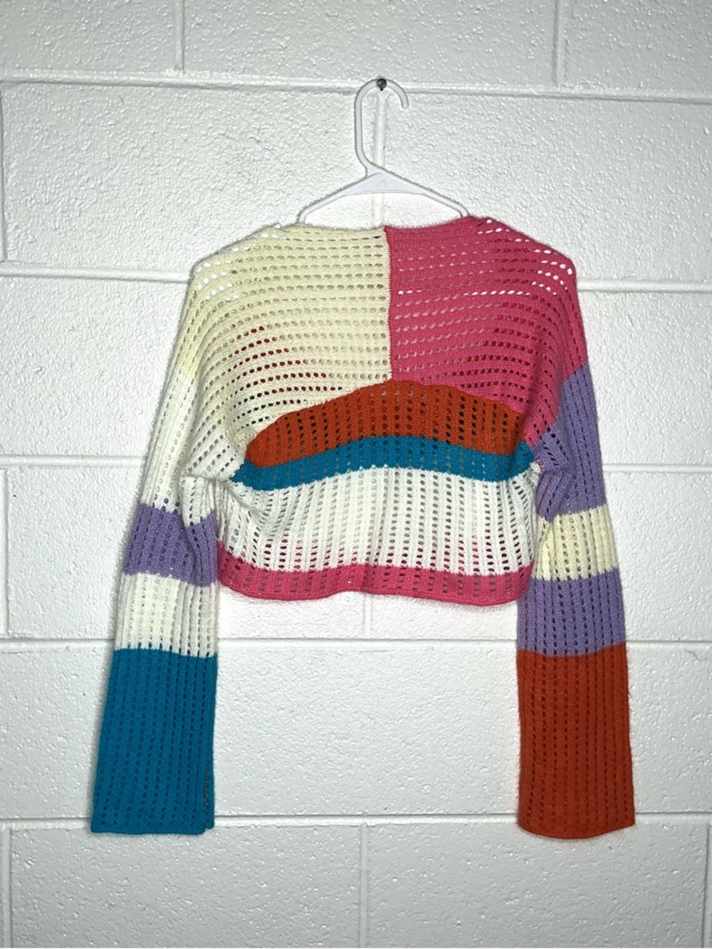 < Colorful Colorblock Open Knit Cropped Top > - Picture 3 of 3